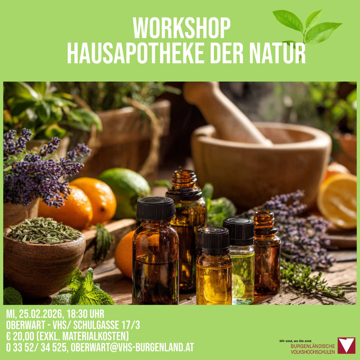A workshop poster for Hausapotheke der Natur with various herbs and essential oils, a mortar and pestle, and a green background. It includes details such as date, time, location, and cost.