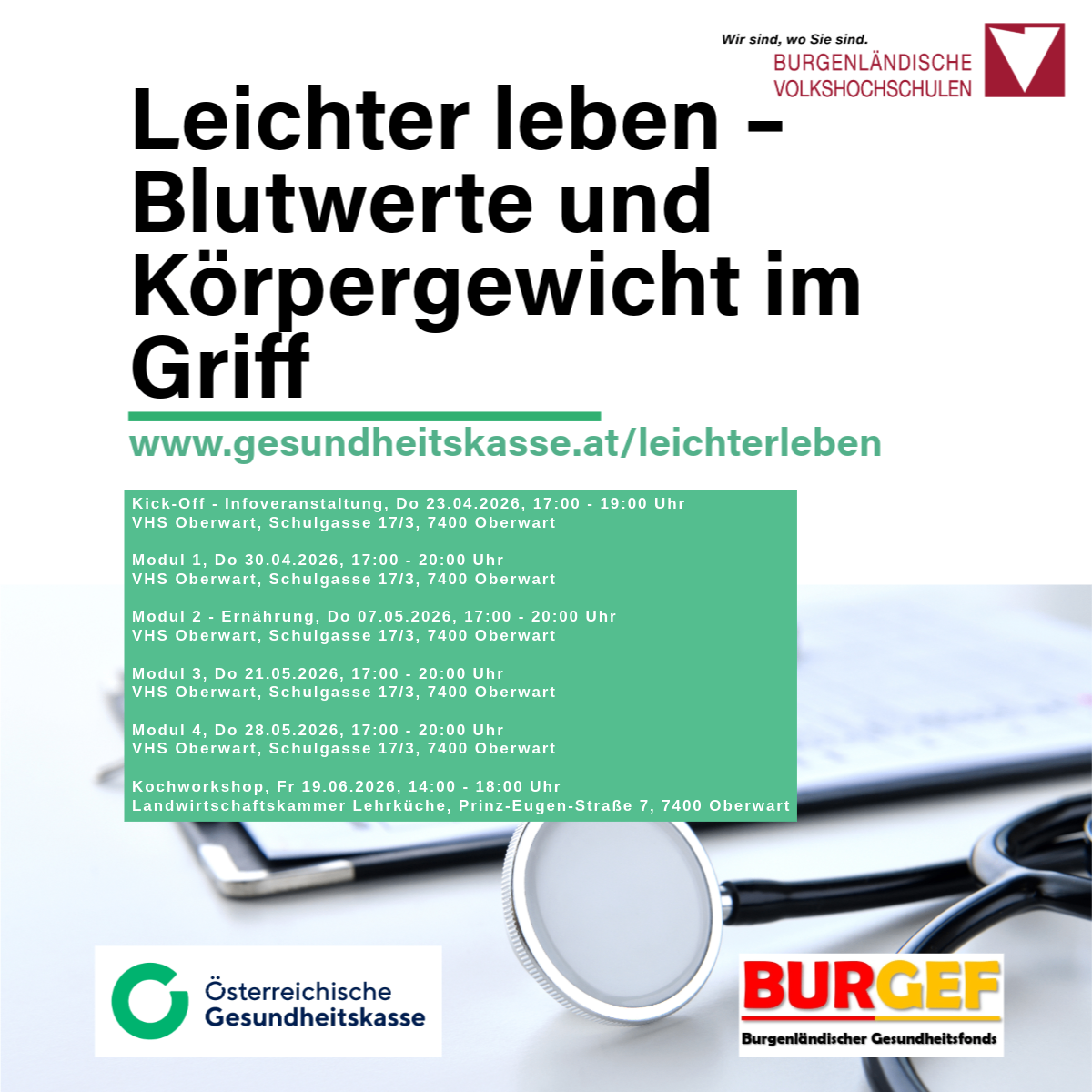 Plakat mit Informationen über Blutwerte und Körpergewichtskontrolle in VHS Oberwart. Die Veranstaltung ist Teil der Initiative 'Leichter Leben'. Details des Zeitplans sind in Deutsch und Englisch angegeben.