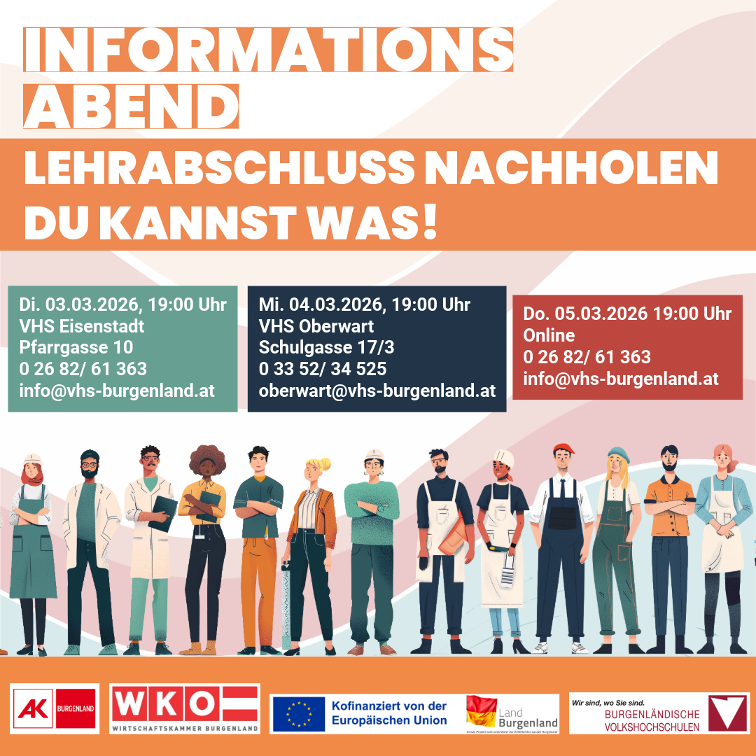 Ein Informationsabend zum Nachholen verpasster Lektionen ist für den 03.03.2026 um 19:00 Uhr geplant. Der Veranstaltungsort ist VHS Eisenstadt, Pfarrgasse 10, 2682/61363. Eine Online-Teilnahme ist ebenfalls am 05.03.2026 um 19:00 Uhr möglich. Kontakt: info@vhs-burgenland.at.