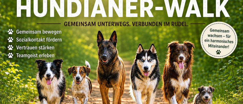 Poster with a group of dogs walking in a forest, titled Hundianer College. It emphasizes bonding, teamwork, and social skills.