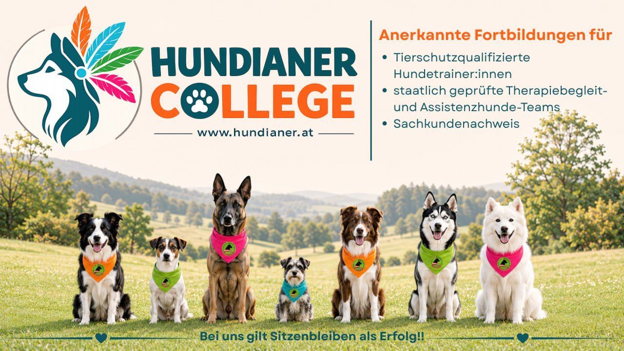 Fünf Hunde in einer Reihe mit grünen Halsbändern mit dem Hundianer College-Logo, sitzen auf einem grünen Rasen mit einer malerischen Kulisse. Der Text über ihnen lautet 'Anerkannte For Hundianer College'.