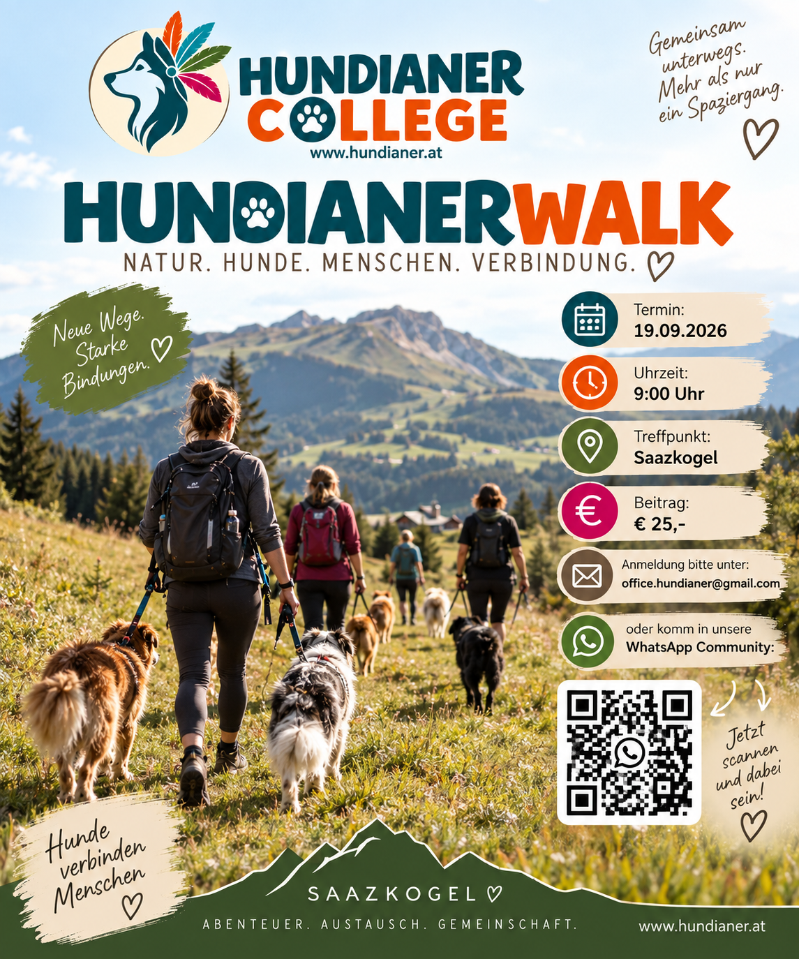 Poster for Hundianer Walk event featuring people walking with dogs in a scenic mountain landscape. Details include date, time, location, cost, and contact information. QR code for WhatsApp community.