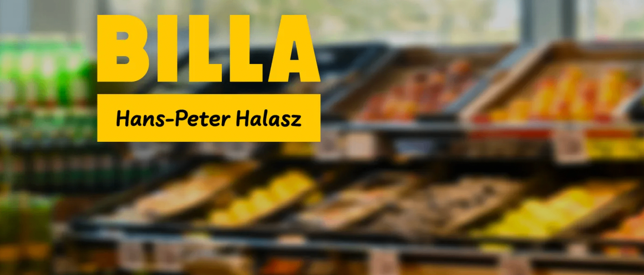 Ein gelbes Schild mit weißen Buchstaben zeigt 'ILLA' über einem unscharfen Foto von Gemüse und Brot. Darunter ist ein Name 'Peter Halasz' zu sehen.