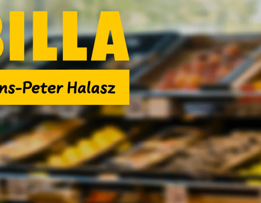 Ein gelbes Schild mit weißen Buchstaben zeigt 'ILLA' über einem unscharfen Foto von Gemüse und Brot. Darunter ist ein Name 'Peter Halasz' zu sehen.