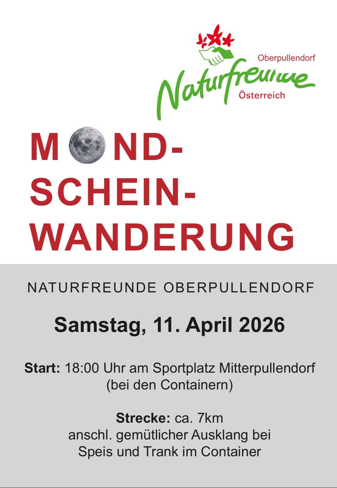 Ein Plakat für eine 'Mond-Schein-Wanderung' in Oberpullendorf, Österreich. Geplant für Samstag, 11. April 2026, Beginn um 18:00 Uhr am Sportplatz Mitterpullendorf bei den Containern.