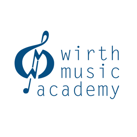 Das Logo der Wirth Music Academy zeigt ein blaues Musiknoten-Symbol mit dem Text Wirth Music Academy in Blau auf weißem Hintergrund.