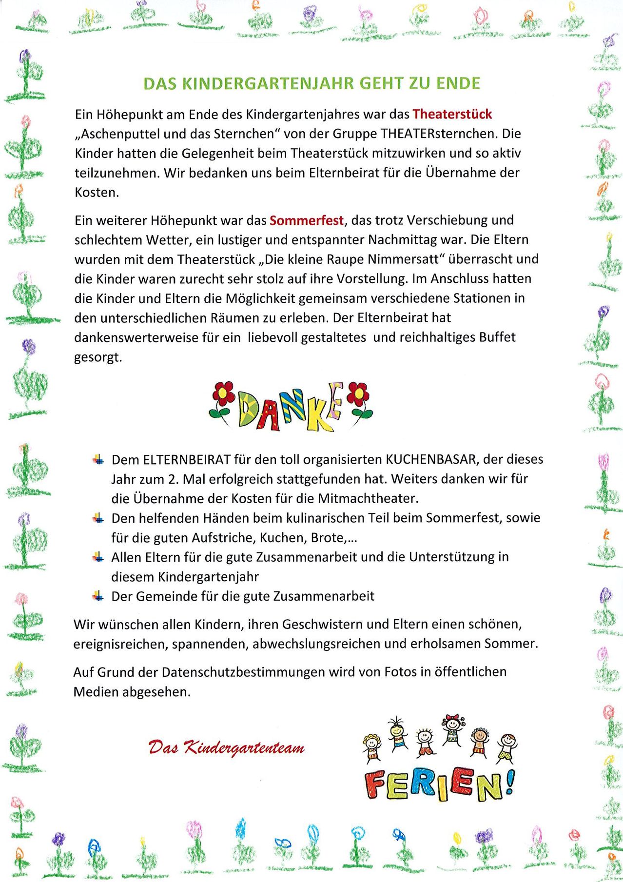 A report about a kindergarten's summer festival, featuring a theater performance and a buffet, with thanks to the parents' council, community, and parents for their contributions.