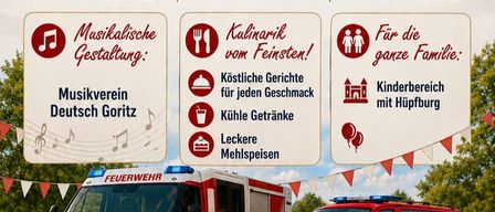 Ein Plakat für die Veranstaltung der Freiwilligen Feuerwehr Krobathen. Datum: Sonntag, 5. Juli 2026, ab 10:30 Uhr. Ort: Krobathen. Musikalische Unterhaltung von Deutsch Gortiz. Speisen und Getränke. Kinderfreundlich mit Spielplatz. Freier Eintritt. Zwei Feuerwehrwagen auf Rasen.
