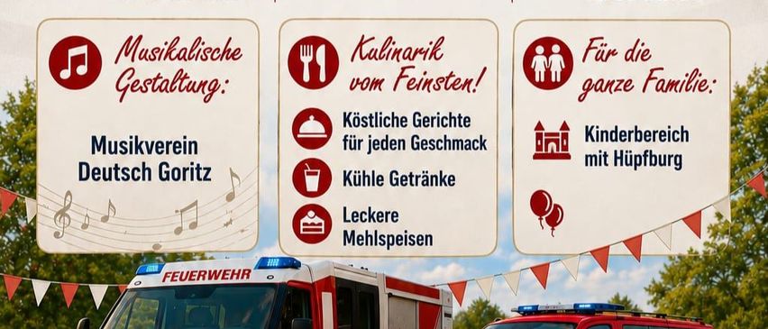 Ein Plakat für die Veranstaltung der Freiwilligen Feuerwehr Krobathen. Datum: Sonntag, 5. Juli 2026, ab 10:30 Uhr. Ort: Krobathen. Musikalische Unterhaltung von Deutsch Gortiz. Speisen und Getränke. Kinderfreundlich mit Spielplatz. Freier Eintritt. Zwei Feuerwehrwagen auf Rasen.