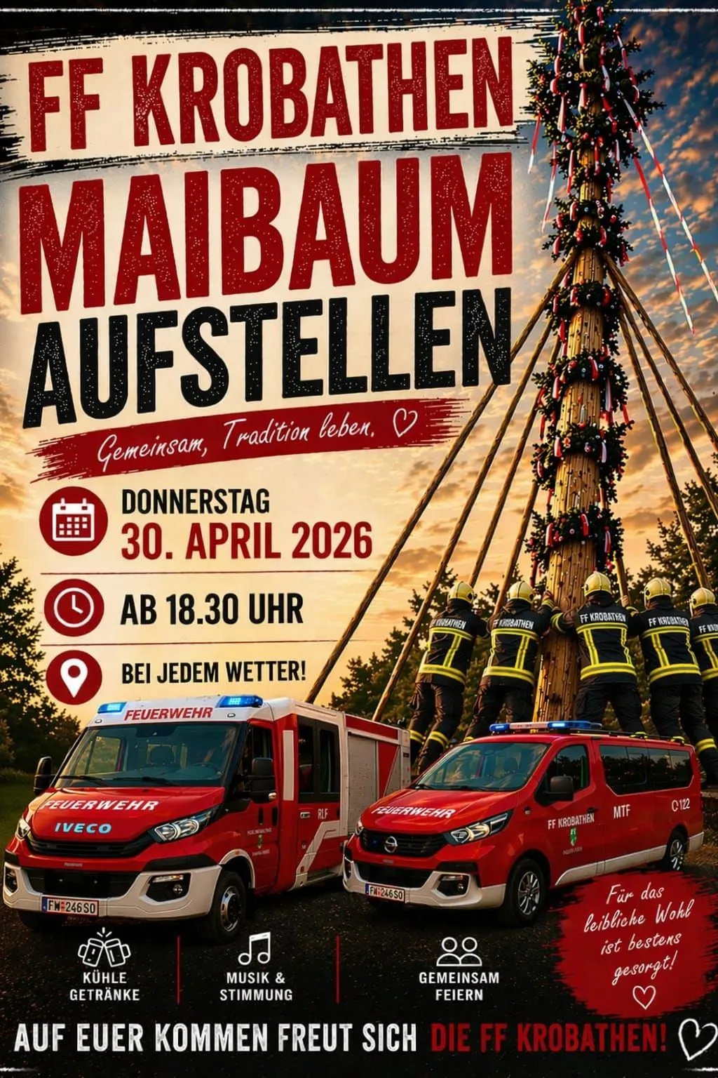 Plakat für Maibaum Aufstellen-Veranstaltung, mit Feuerwehrleuten, die einen geschmückten Baum erklimmen. Datum: 30. April 2026, Zeit: 18:30, Bei jedem Wetter. Zwei Feuerwehrautos sind sichtbar.