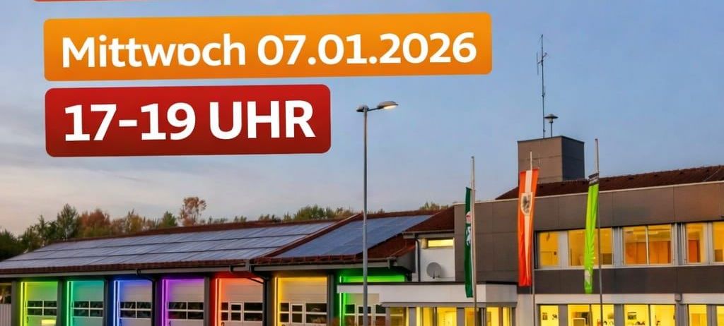 Plakat zur Anmeldung für die Feuerwehrjugend. Es erwähnt den Termin Mittwoch 07.01.2026 und die Zeit 17-19 Uhr. Der Ort ist das Feuerwehrhaus Gleisdorf für Kinder im Alter von 10-15 Jahren.