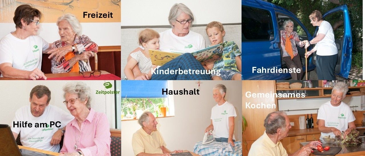 Zusammenstellung von sechs Bildern mit älteren Menschen. Oben links: Person mit Gehstock. Oben Mitte: Frau liest zwei Kindern ein Buch vor. Oben rechts: Autotür. Unten links: Frau sitzt. Unten Mitte: älterer Mann bügelt. Unten rechts: älterer Mann kocht.