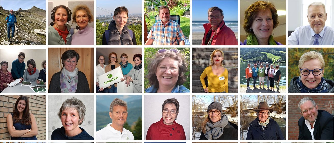 Eine Collage lächelnder Personen, einige mit Brille, in verschiedenen Umgebungen. Die Bilder zeigen Menschen in unterschiedlichen Umgebungen, wie draußen, drinnen und in Gruppenfotos. Sie sind in verschiedenen Kleidungsstücken gekleidet, darunter Mäntel, Pullover und Hemden.
