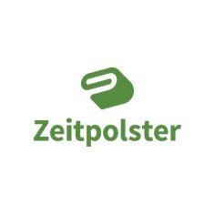 Das Logo zeigt einen stilisierten grünen Buchstaben 'S' mit einer geschwungenen Linie, die einer Hand ähnelt, über dem Wort 'Zeitpolster' in fetten schwarzen Buchstaben.