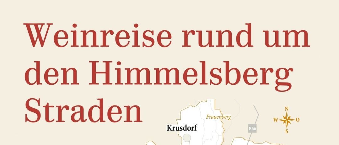 Plakat für eine Weinreise rund um Himmelsberg Straden, mit einer Karte des Gebiets, markierten Weinregionen, einer malerischen Ansicht eines Dorfes und Details zur Tour am 12. April 2025.