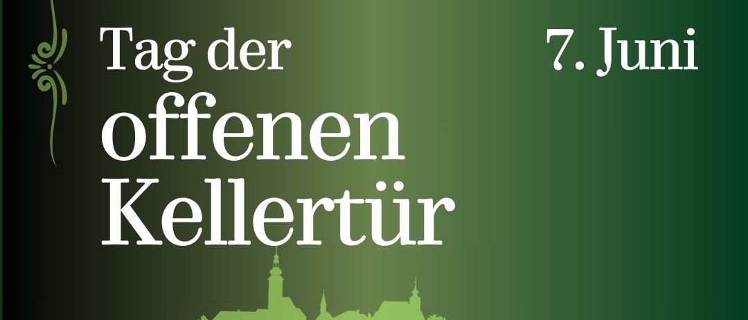 Eine Werbung für den Tag der offenen Kellertür am 7. Juli in Straden, Steiermark, mit einer Silhouette der Stadt und dem Namen der Veranstaltung in fettem weißen Text.