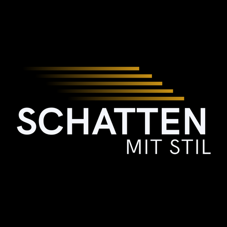 Ein schwarzer Hintergrund zeigt ein weißes Logo mit der Aufschrift 'SCHAUTEN MIT STIL'. Das Wort 'SCHATTEN' ist größer und fetter, während 'MIT STIL' kleiner und kursiv ist. Über dem Text befinden sich fünf gelbe Linien.