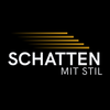 Ein schwarzer Hintergrund zeigt ein weißes Logo mit der Aufschrift 'SCHAUTEN MIT STIL'. Das Wort 'SCHATTEN' ist größer und fetter, während 'MIT STIL' kleiner und kursiv ist. Über dem Text befinden sich fünf gelbe Linien.