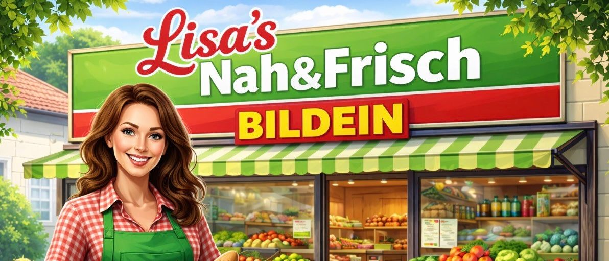 Eine Illustration einer Frau, die einen Korb mit Obst und Gemüse vor einem Geschäft namens Lisa's Nah&Frisch Bildein hält. Das Geschäft hat ein grünes Vordach und zeigt eine Vielzahl von Obst und Gemüse im Inneren.