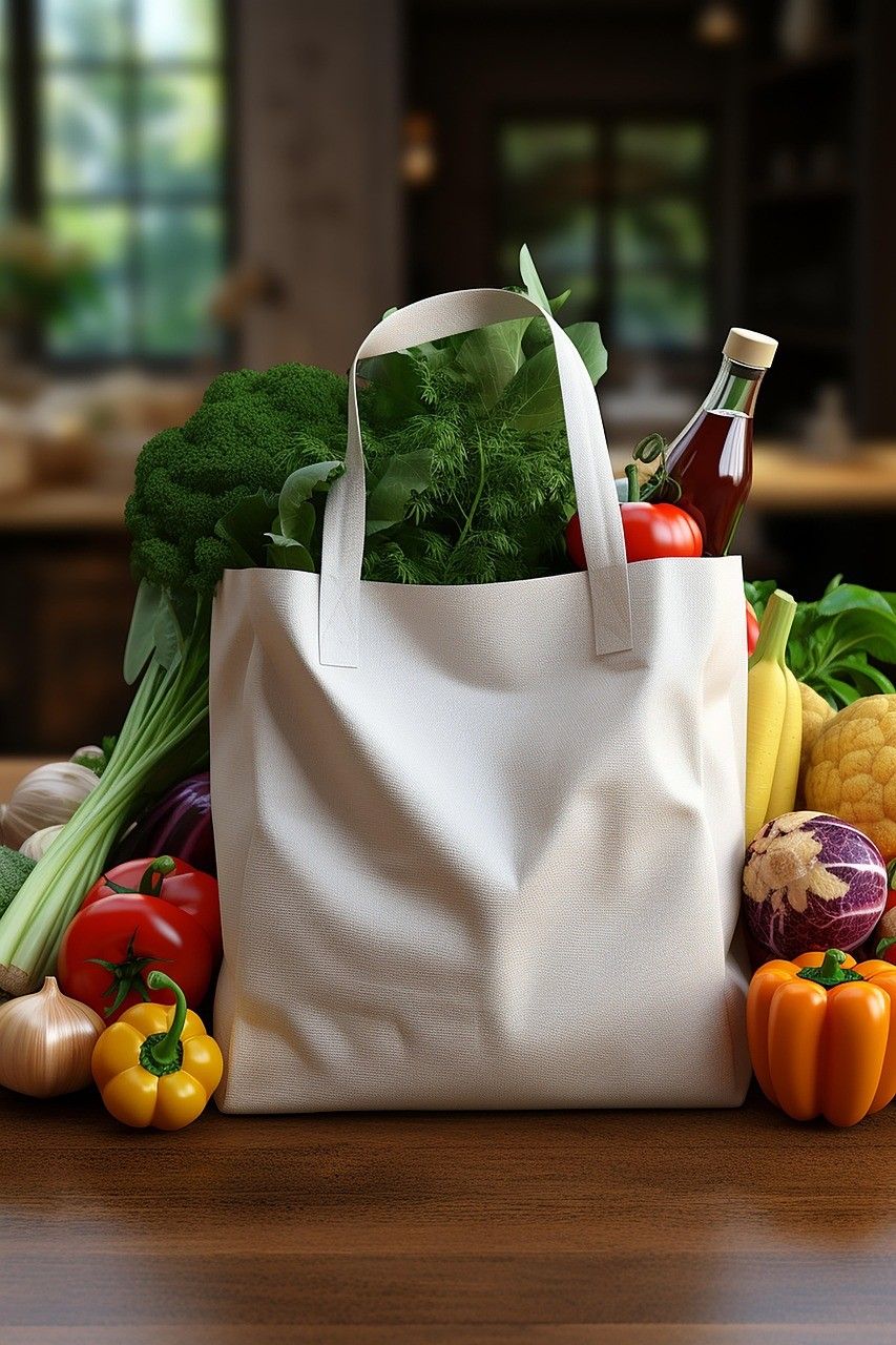 Ein weißer wiederverwendbarer Tragetasche ist gefüllt mit verschiedenen frischen Gemüsen, einschließlich Tomaten, Brokkoli und Paprika, auf einem Holztisch.