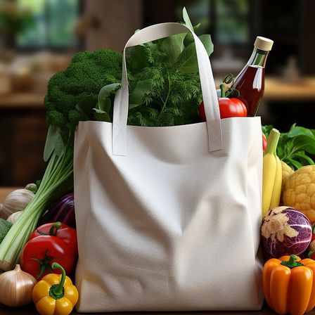 Ein weißer wiederverwendbarer Tragetasche ist gefüllt mit verschiedenen frischen Gemüsen, einschließlich Tomaten, Brokkoli und Paprika, auf einem Holztisch.