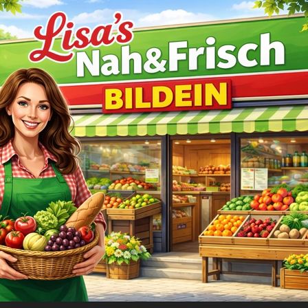 Eine Illustration einer Frau, die einen Korb mit Obst vor einem Laden namens Lisa's Nah&Frisch hält.