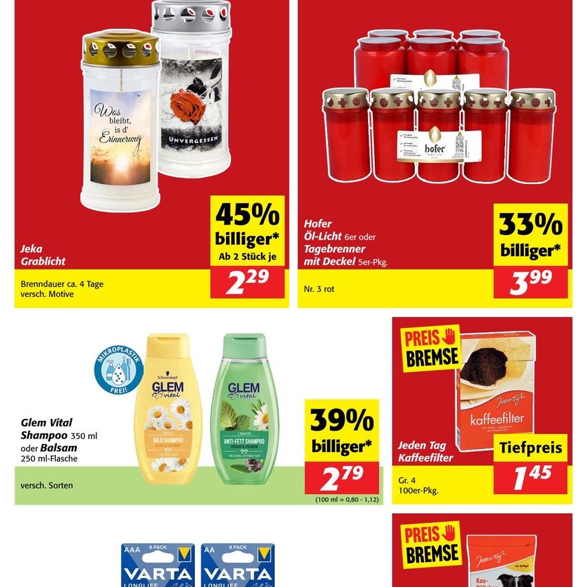 Eine Werbung zeigt Grabkerzen, Shampoo und Kaffeefilter. Grabkerzen bieten 45% Rabatt. Shampoo und Kaffeefilter bieten 39% Rabatt. Der niedrigste Preis ist gekennzeichnet.