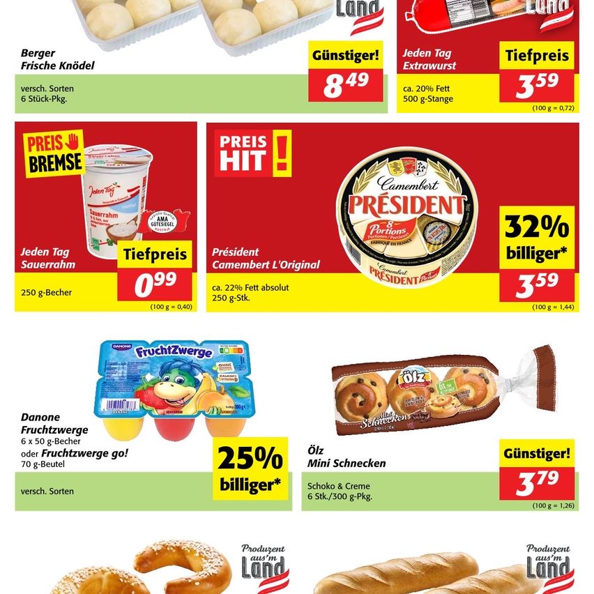 Ein Flugblatt mit verschiedenen Lebensmitteln im Angebot. Es beinhaltet Berger Frische Knödel, President Camembert, Danone Fruchtzwerg und Olz Mini Schnecken. Preise und Rabatte sind für jeden Artikel aufgeführt.