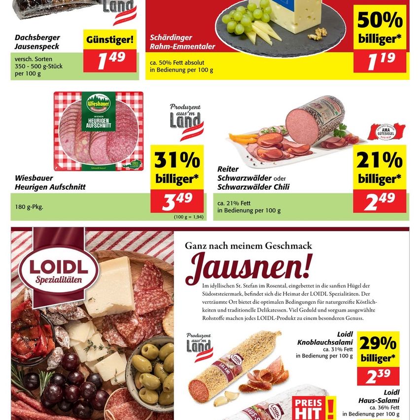 Die Anzeige zeigt verschiedene Fleischprodukte mit Preisen und Rabatten. Es werden Dachsberger, Schärdinger und Wiesbauer Produkte mit Preissenkungen und Fettgehaltsinformationen vorgestellt. Die Anzeige hebt auch die Qualität und traditionellen Herstellungsmethoden hervor.