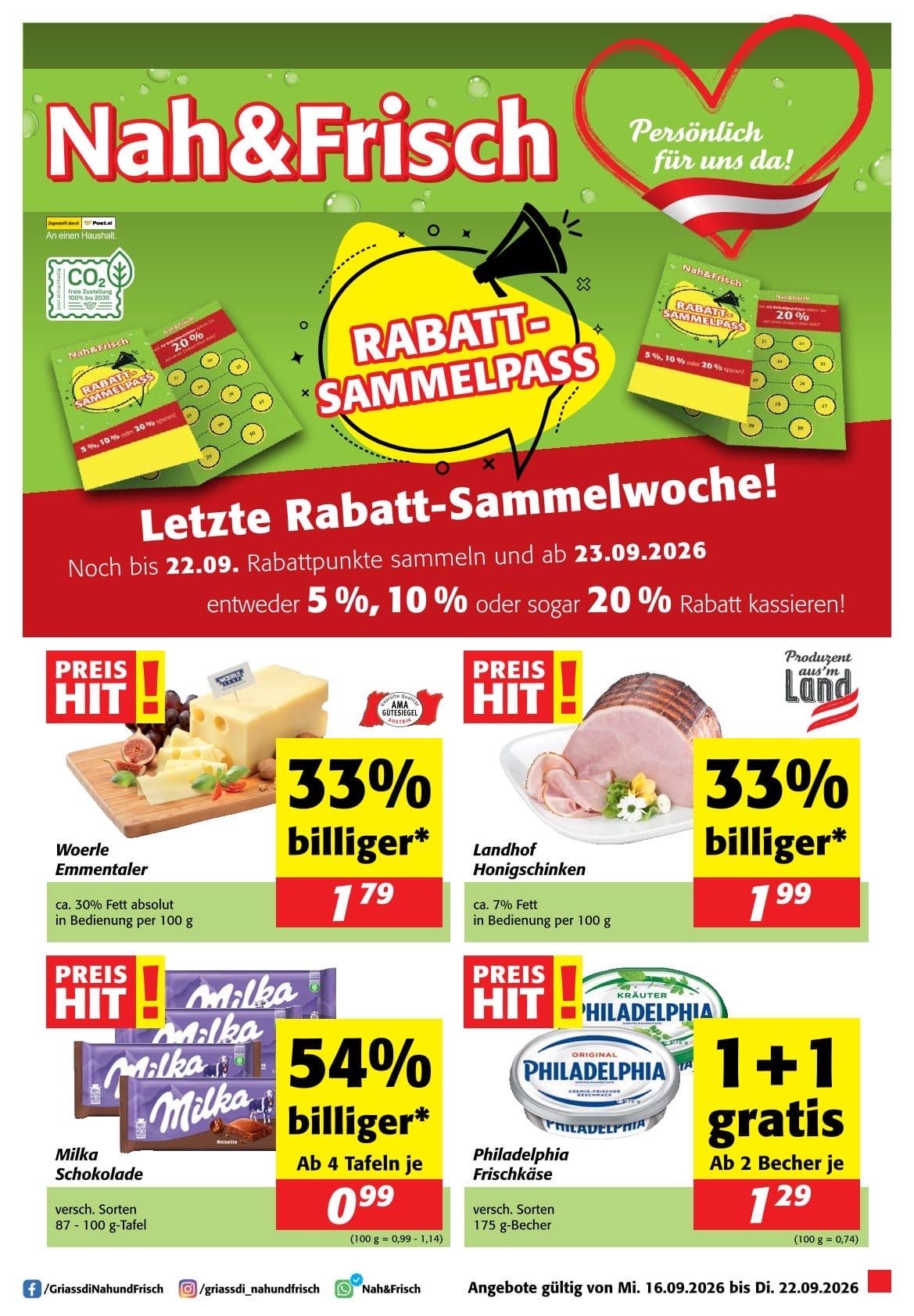 Ein Werbeplakat für eine Rabatt-Aktion, mit Produkten wie Käse, Schinken und Schokolade, die reduzierte Preise und die Aufforderung zum Sammeln von Rabattpunkten zeigen.