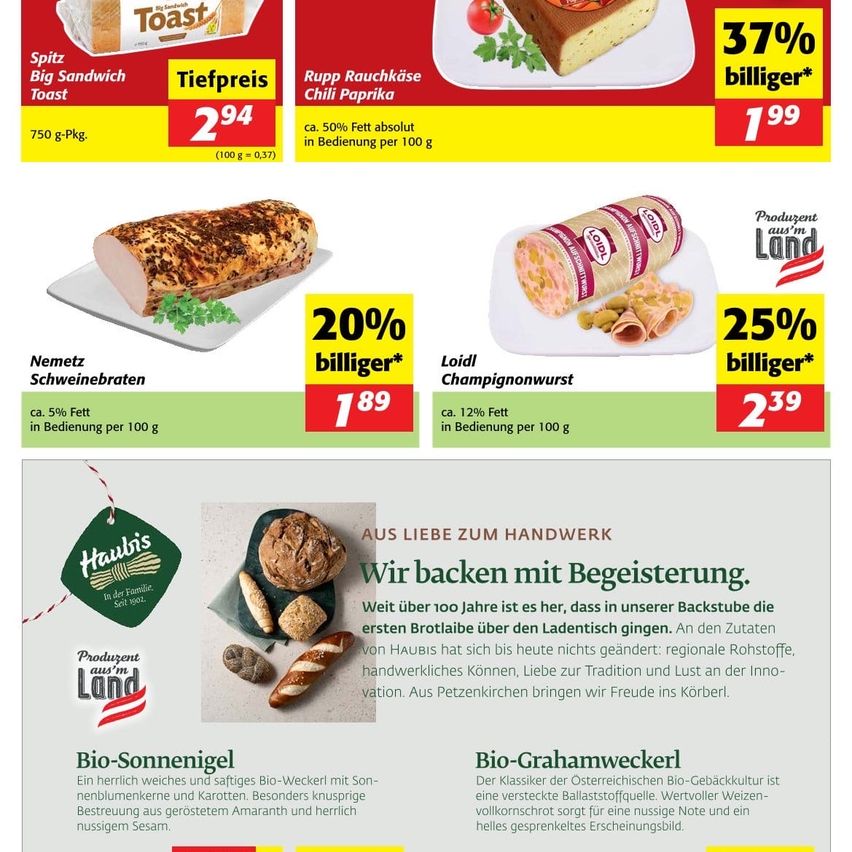Werbeflyer für Lebensmittel mit Bildern und Preisen. Es zeigt Toast, Käse und Würste mit Rabatten. Der Text ist auf Deutsch.