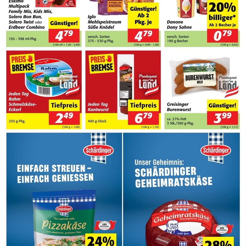 Ein Werbeflyer für verschiedene Lebensmittelprodukte, darunter Eskimo Multipack, Iglo Mehlspeisestraum und Danone Dany Sahne. Jedes Produkt hat einen Preis und Rabattinformationen.