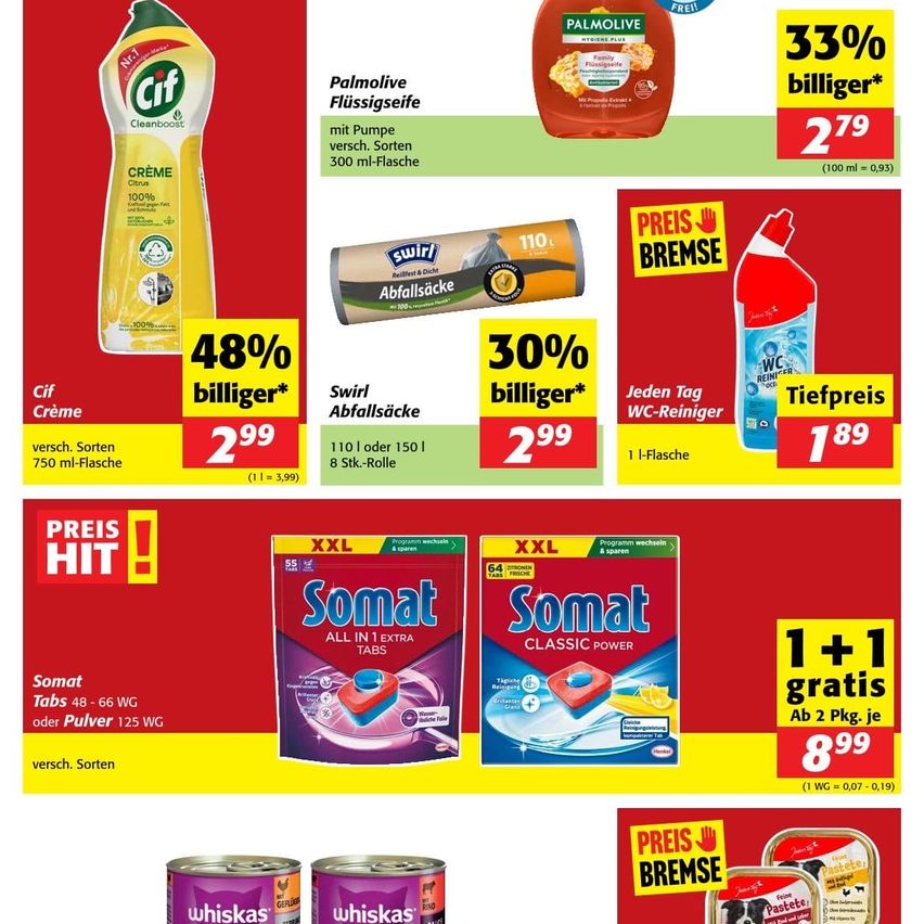 Werbung für Reinigungsprodukte mit Rabatten und Produktdetails. Beinhaltet Palmolive Flüssigseife, Cif Creme, Swirl Toilettenpapier und Soma Toilettenreinigungstabletten.