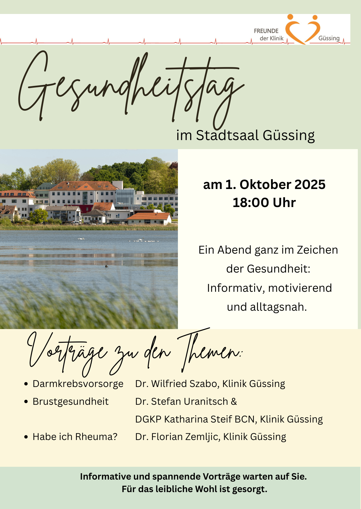 Ein Abend ganz im Zeichen der Gesundheit im Stadtsaal Güssing am 1. Oktober 2025 um 18:00 Uhr. Informative, motivierende und alltagsnahe Vorträge zu Themen wie Darmkrebsvorsorge, Brustgesundheit und Venenleiden.