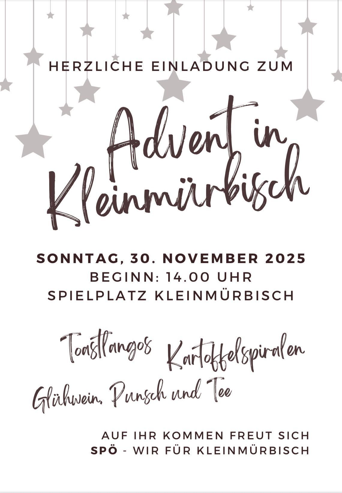 Eine Werbung für ein Adventsevent in Kleinmürbisch, geplant für Sonntag, 30. November 2025, Beginn um 14.00 Uhr. Aktivitäten umfassen Toasttänze, Kartoffelspiralen und Glühwein, Punsch und Tee.