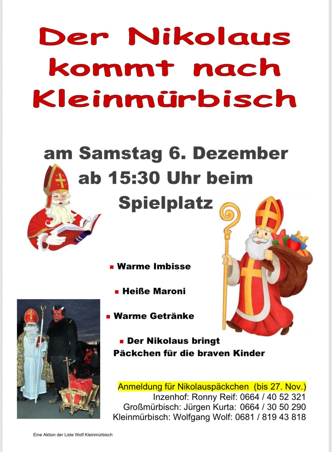 Plakat für eine Veranstaltung am Samstag, 6. Dezember, ab 15:30 Uhr auf dem Spielplatz. Heiliger Nikolaus mit Geschenktasche und teuflische Figur. Warme Getränke und heiße Getränke erhältlich. Anmeldung für Nikolaussäckchen bis 27. November.