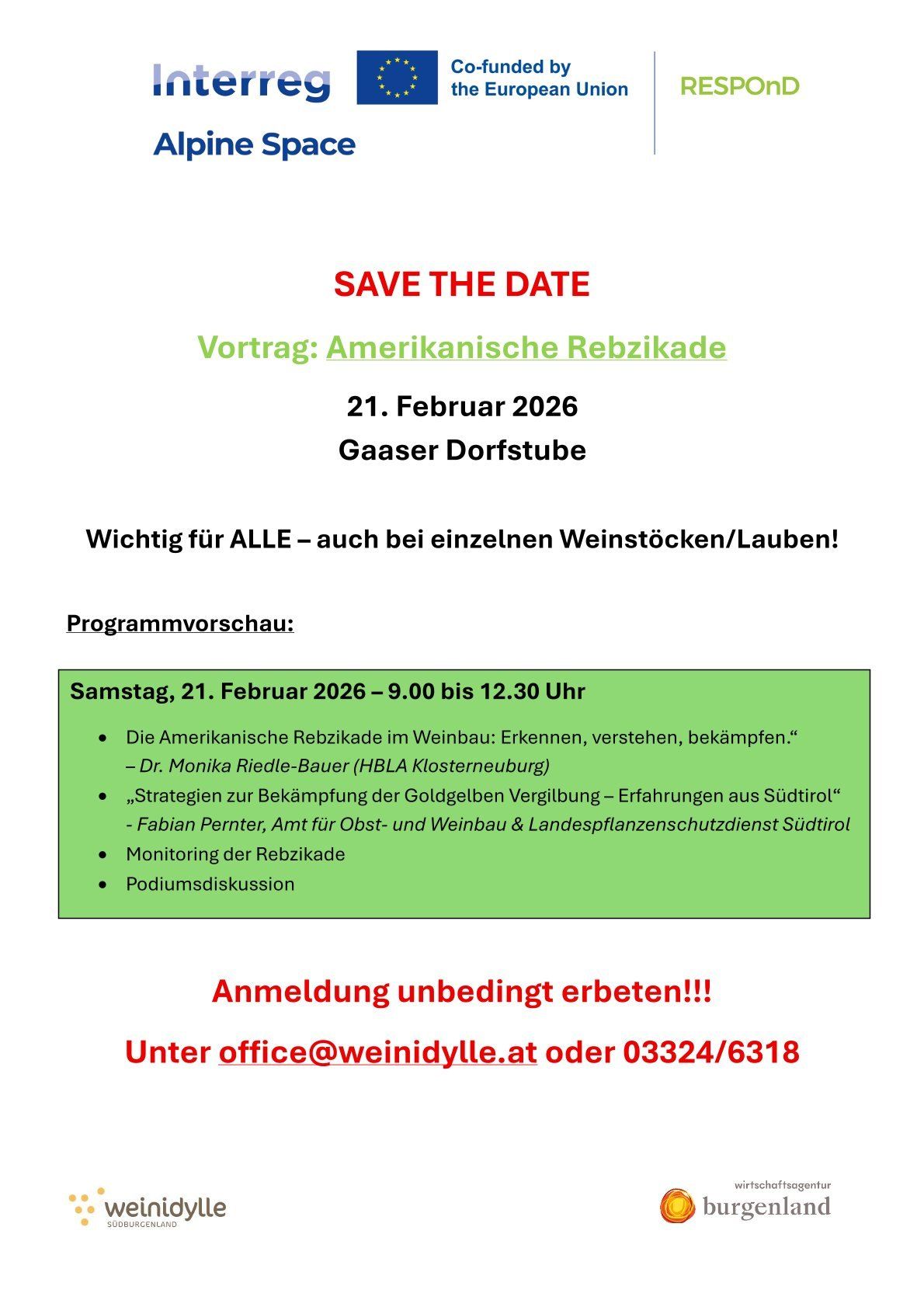 Poster with 'Save the Date' for a presentation on American grapevine moths on February 21, 2026, in Gaaser Dorfstuben. Registration is mandatory. Contact office@weinindylle.at or 03324/6318. Program includes identification, strategies, and a podium discussion.