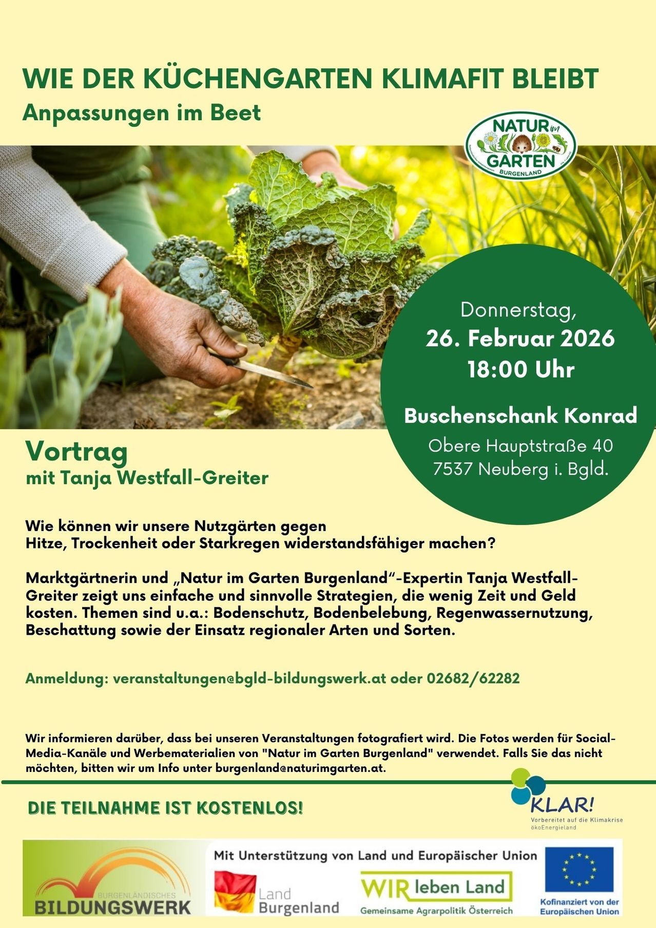 Poster for a gardening seminar on February 26, 2026 at 6 PM. Expert Tanja Westfall-Greiter discusses strategies for resilient gardens. Topics include soil protection, irrigation, and regional plant varieties. Registration via email or phone. Photos will be taken for social media.