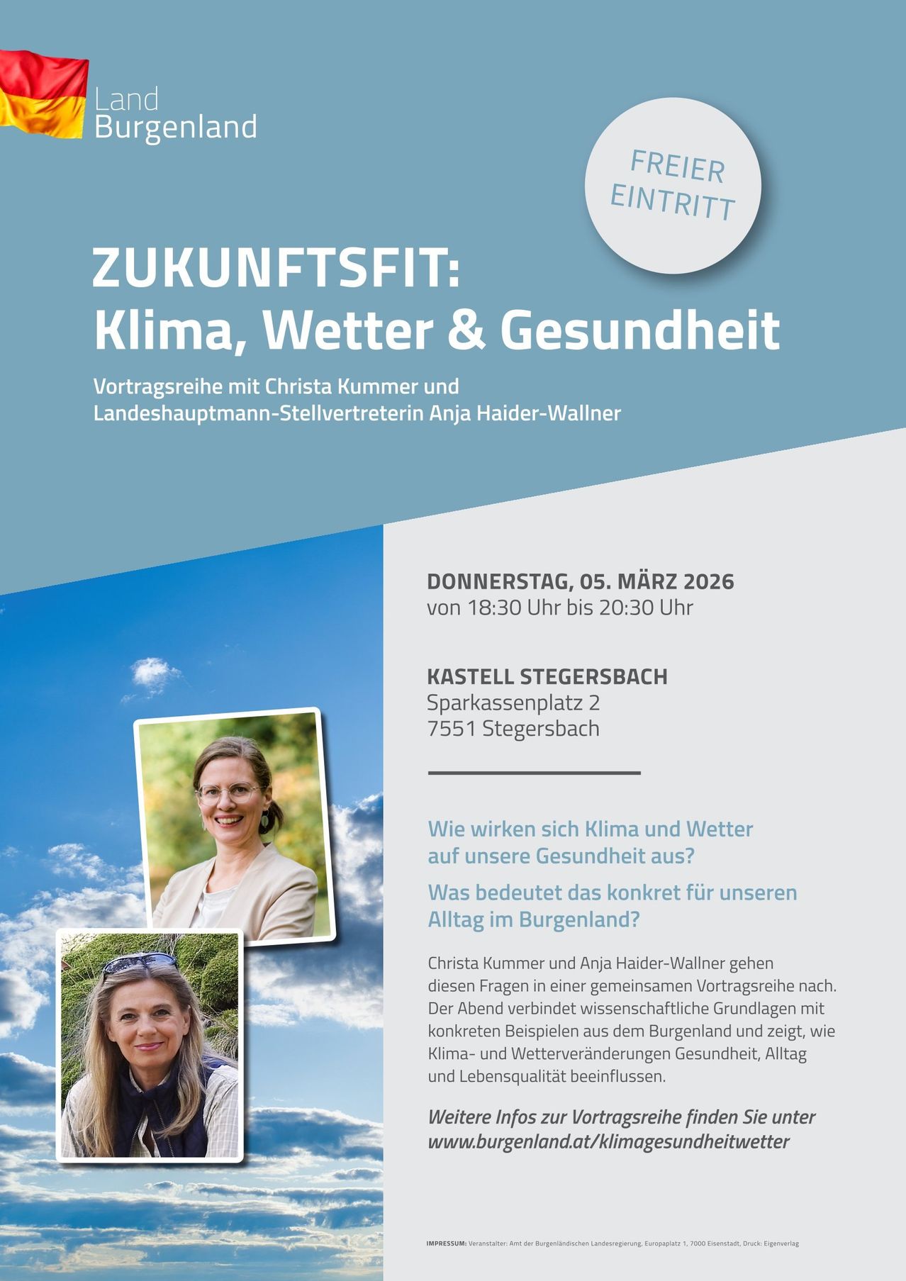 Werbeplakat für eine Vortragsreihe über Klima, Wetter und Gesundheit mit den Rednern Christa Kummer und Anja Haider-Wallner am Donnerstag, 5. März 2026, von 18:30 Uhr bis 20:30 Uhr im Kastell Stegersbach.