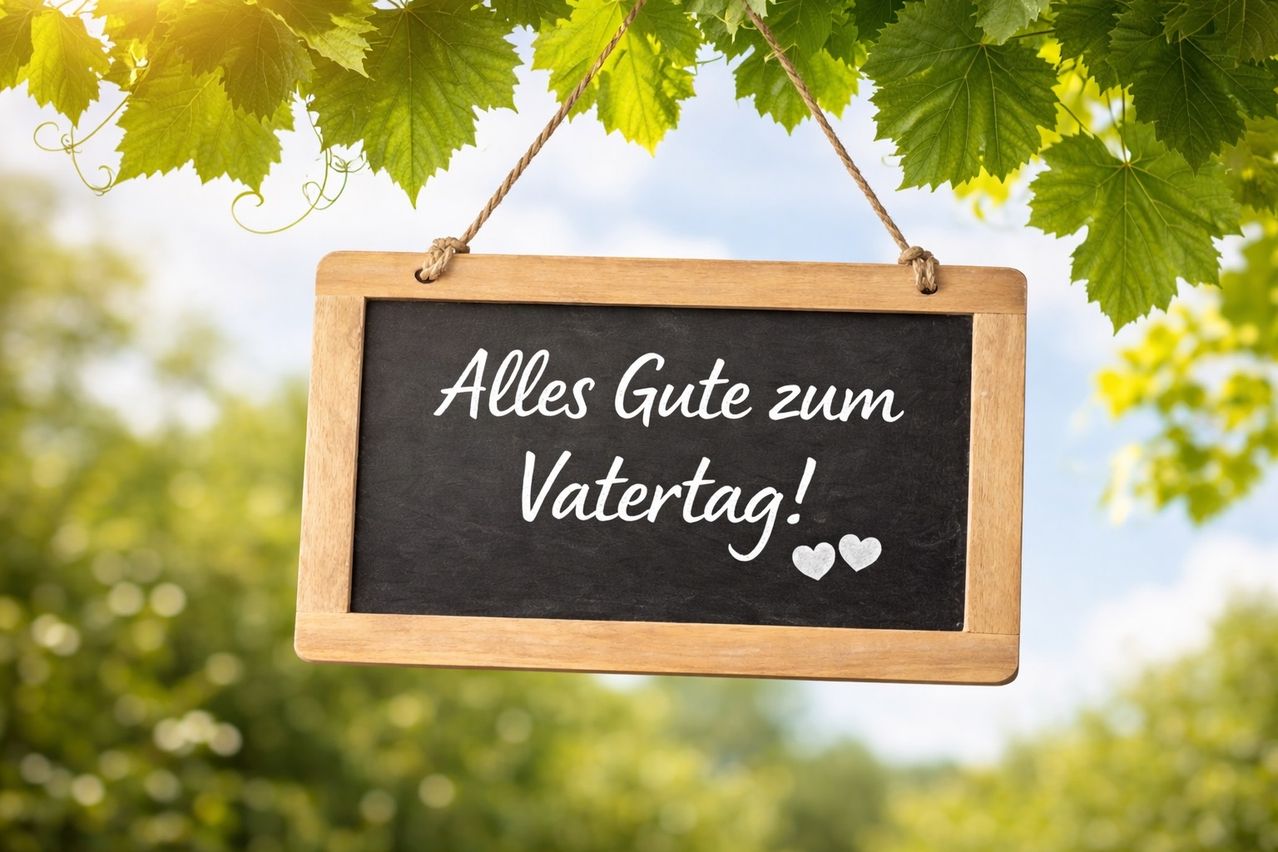 Ein Holzschild hängt von einem Baum mit grünen Blättern. Es steht 'Alles Gute zum Vatertag!' mit zwei Herzen darunter.