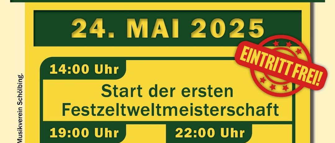 Plakat für das Schoelbing Musikfest am 24. Mai 2025. Eintritt frei. Beginn um 14:00 Uhr mit dem ersten Festivalwettbewerb, gefolgt von der Aufnahme der Gastkünstler um 19:00 Uhr und dem abschließenden Auftritt der Blaskapelle um 22:00 Uhr.