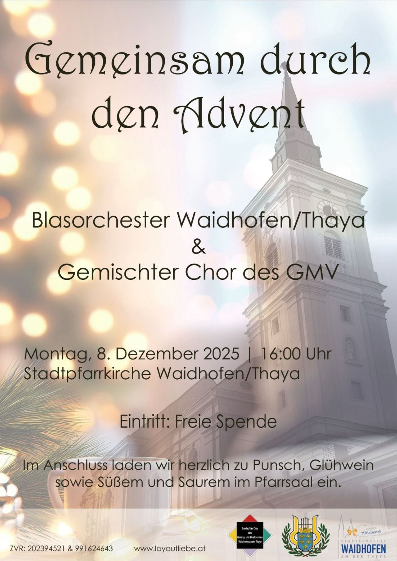 An event poster for the Advent celebration in Waidhofen/Thaya. It features a church, festive lights, and details about the date, time, and performers. Admission is free.