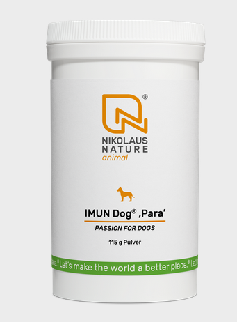 Ein weißer zylindrischer Behälter mit der Aufschrift 'IMUN Dog® Para' und einem grünen Streifen. Enthält 115g Pulver. Der Behälter stammt von 'Nikolaus Nature animal' und zeigt ein Hundelogo. Es fördert eine bessere Welt für Hunde.