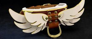 Ein braunes Lederhalsband für Hunde mit weißen Flügeln, goldenen Akzenten und einem Verschluss. Das Halsband hat vergoldete Nieten und wird vor einem schwarzen Hintergrund präsentiert.