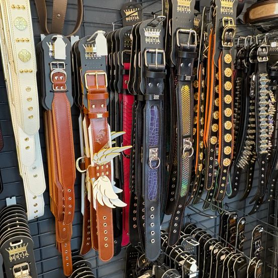 Ein Geschäft zeigt verschiedene Ledergürtel, die mit unterschiedlichen Designs und Verzierungen versehen sind. Einige Gürtel haben goldene Schnallen, während andere mit komplizierten Mustern und Spikes verziert sind.
