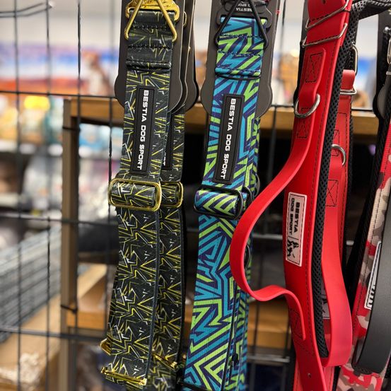 Drei Hundeleinen hängen an einem Metalldisplay. Sie sind in Schwarz, Blau und Rot.