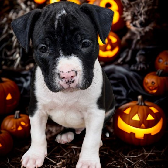 Ein schwarz-weißer Welpe sitzt unter geschnitzten Kürbissen und sieht neugierig aus. Der Kürbis im Vordergrund hat ein leuchtendes Gesicht.