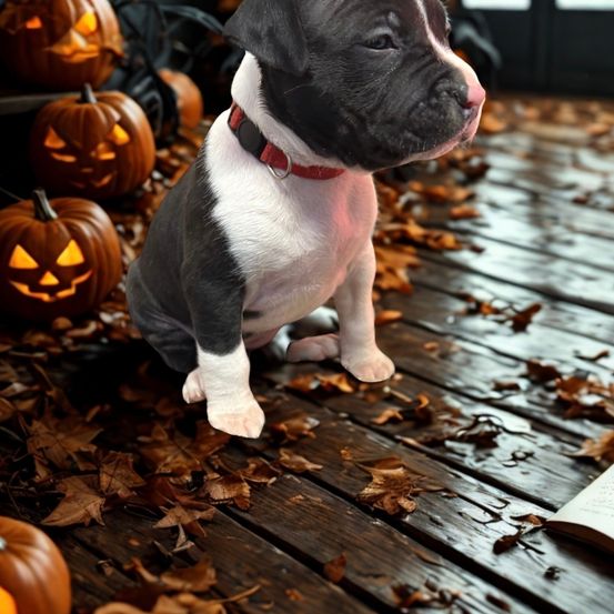 Ein schwarz-weißer Hund mit rotem Halsband sitzt auf einem Holzboden, umgeben von geschnitzten Kürbissen.