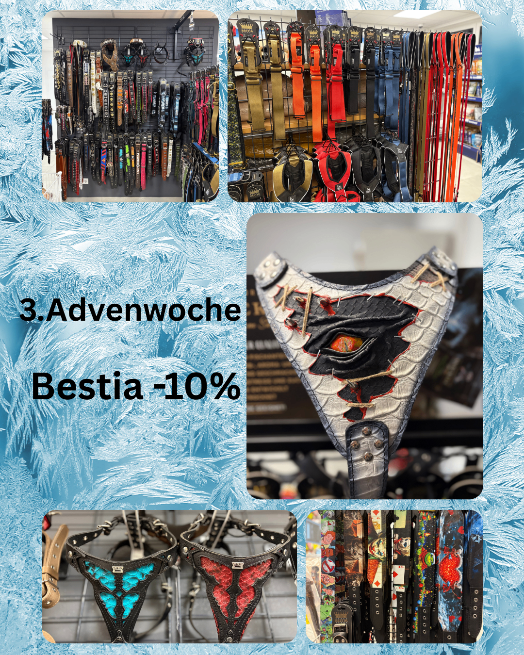 Werbebanner für '3. Adventwochen Bestia -10%'. Es zeigt Gürtel, Accessoires und ein Produkt mit Gesichtsdesign. Der Hintergrund ist blau mit Schneeflockenmustern.