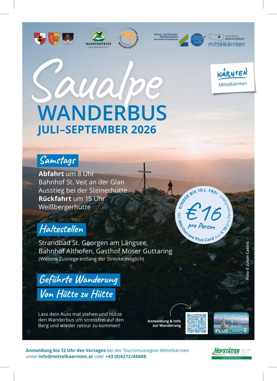 Plakat für eine geführte Wanderung mit dem Saupele Wanderbus von Juli bis September 2026. Abfahrt von St. Georgen um 8 Uhr, Ankunft bei der Steinerhütte um 15 Uhr. Kinder bis 10 Jahre kostenlos.